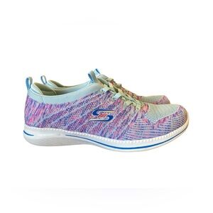 Skechers Women's Mint Blue and Pink Knit Slip-On Walking Sneakers
